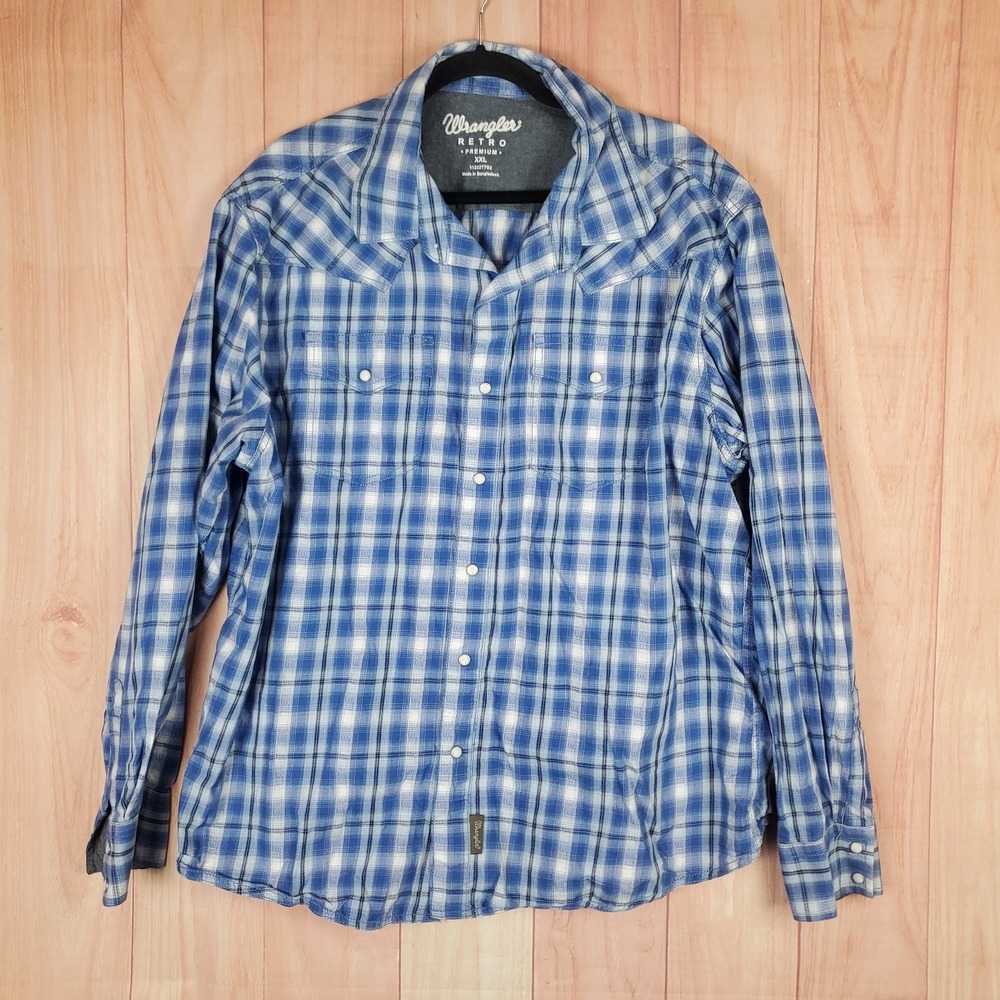Wranglers Retro Mens Shirt Sz 2XL Blue Check Collared Long‎ Sleeve Pearl Snap